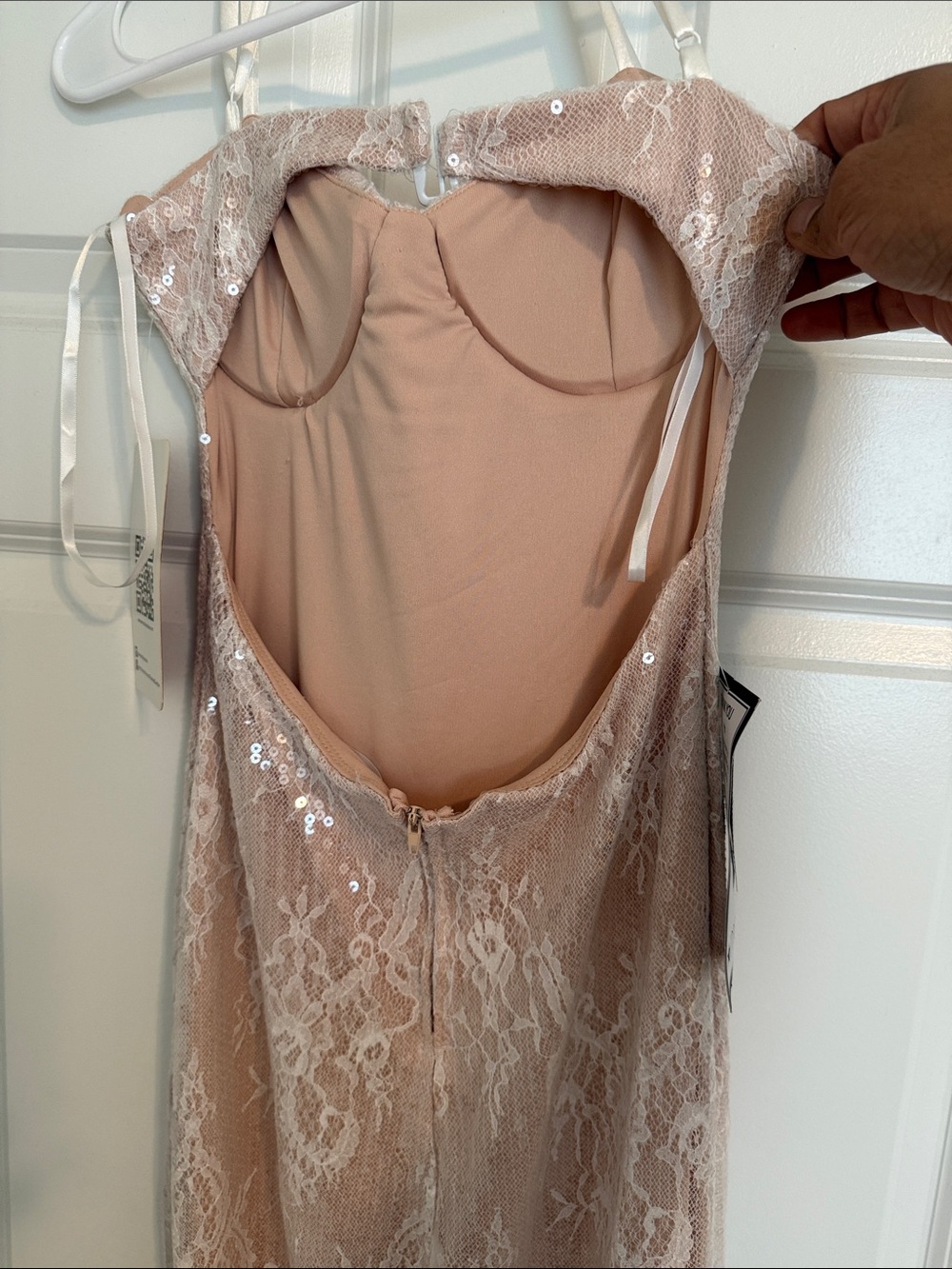 Macy's Blush Pink Sequin Lace Strapless Evening Gown - Picture 5 of 8